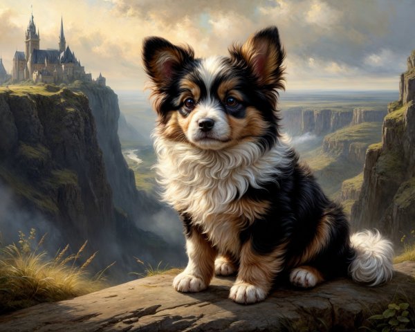 Tri-colored puppy on rocky ledge with castle backdrop