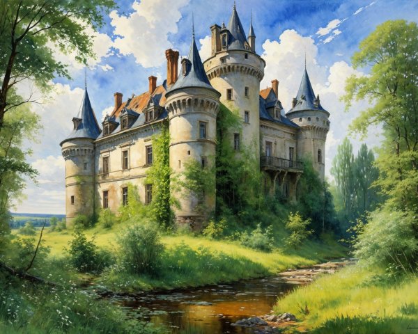Majestic fairytale castle in lush green landscape
