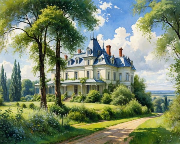 Elegant Mansion on a Lush Green Hillside