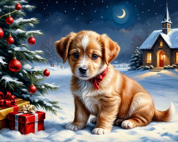 Puppy in Snowy Landscape with Holiday Decorations