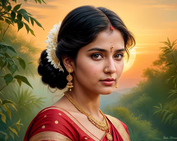 Young woman in red sari with floral adornment