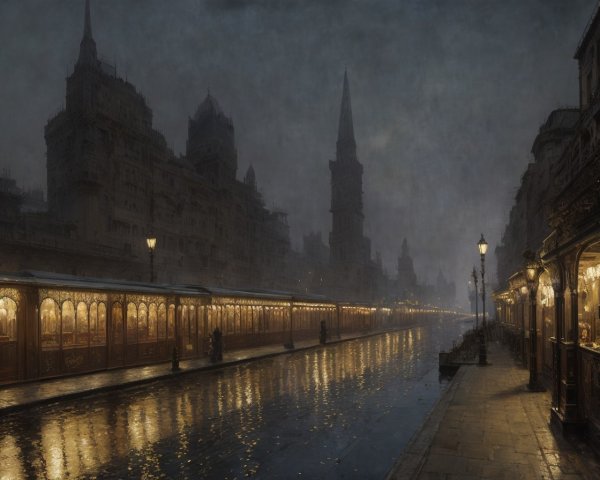 Vintage lampposts illuminate rainy night street scene