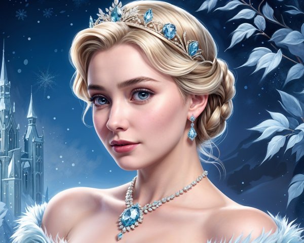 Young woman in tiara with blue gemstones in winter scene
