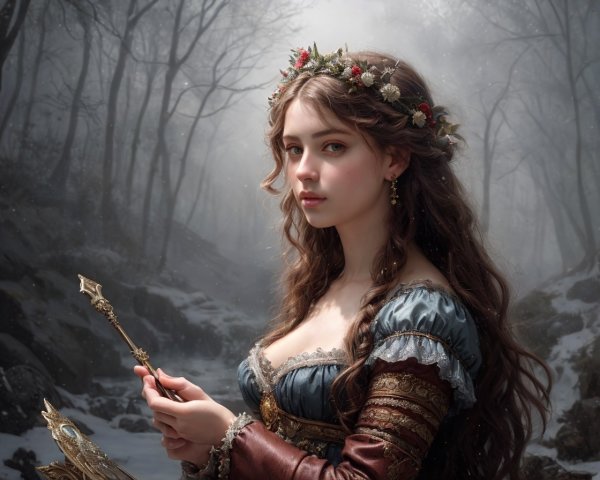 Medieval Woman in Floral Crown in Snowy Forest