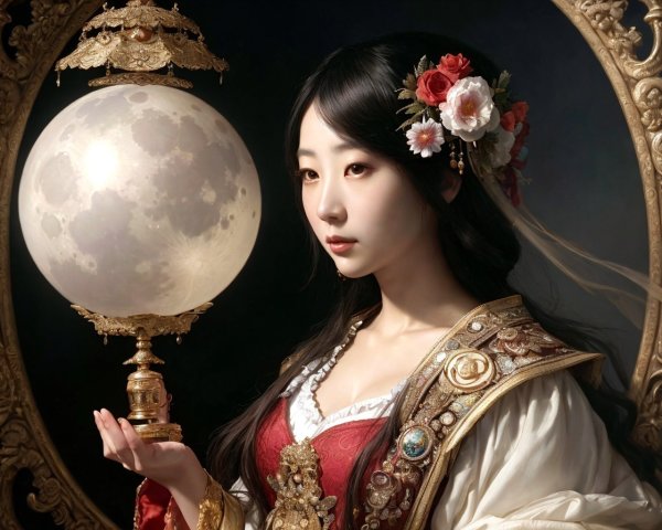 Woman in vintage attire with glowing orb and mirror