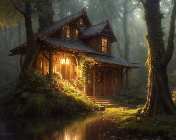 Enchanting Cottage in Misty Forest Landscape