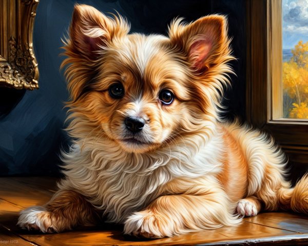 Fluffy Golden-Brown Puppy on Wooden Surface