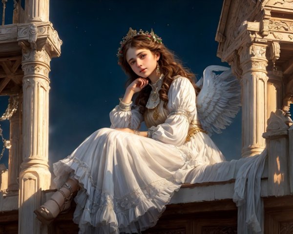 Angel wings woman in white gown on ornate balcony at sunset