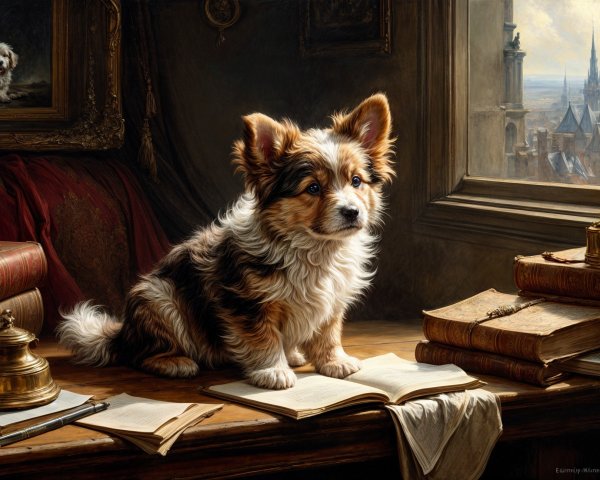 Fluffy Dog on Table Surrounded by Books and Decor