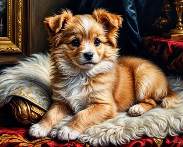 Fluffy Golden-Orange Puppy on Plush White Pillow