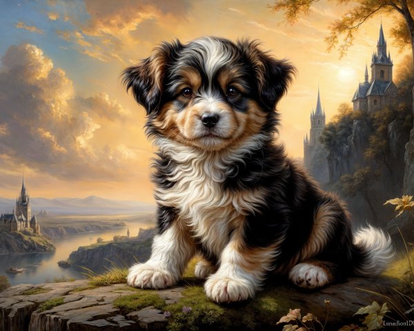 Fluffy Puppy on Rocky Ledge with Scenic Landscape