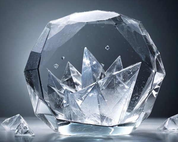 Large Faceted Crystal Surrounded by Shards on Reflective Surface