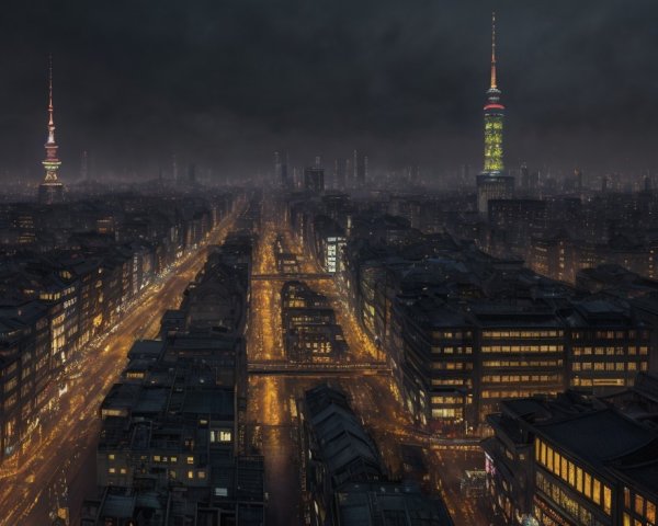 Cityscape night view with illuminated streets, buildings, and distant tower under overcast sky