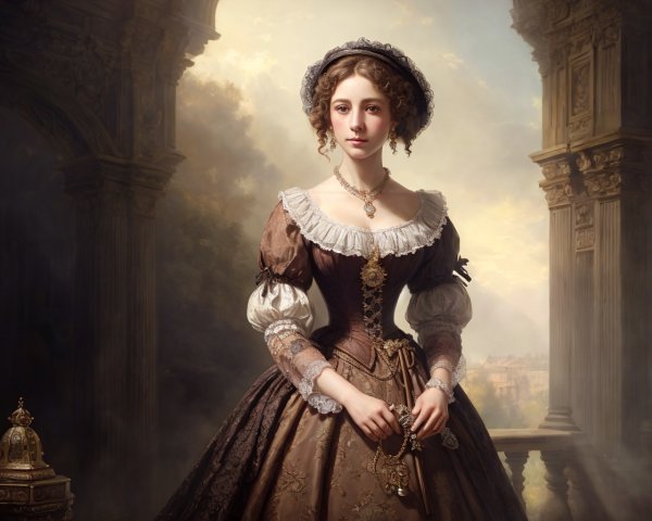 Portrait of woman in historical dress with lace sleeves and pearl necklace in front of classical architecture and soft lighting