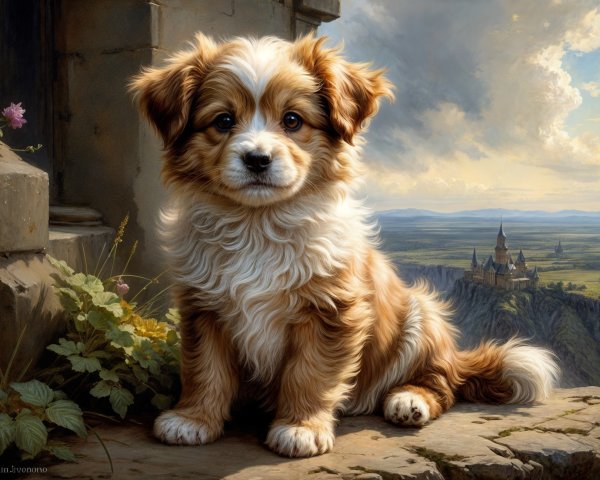 Fluffy Puppy on Stone Ledge with Scenic Background