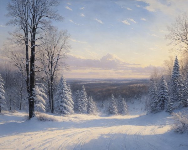 Snow-covered trees in serene winter landscape with clear path and warm sun glow
