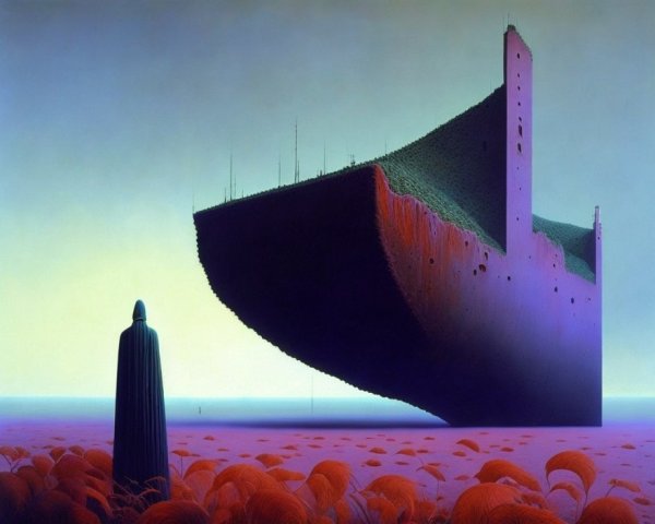 Cloaked figure at surreal ship-like structure with orange foliage