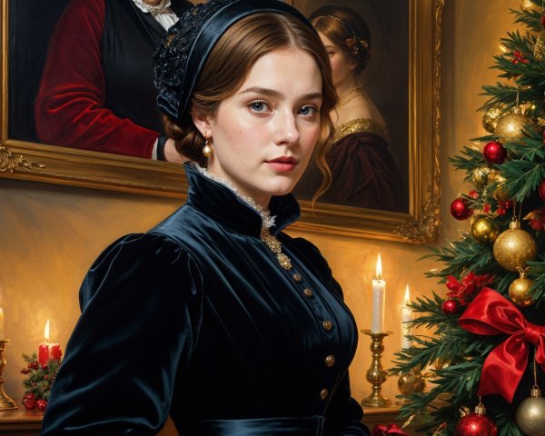 Elegant Woman by Christmas Tree with Vintage Accents