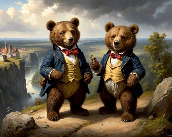 Dapper Bears in Formal Attire in Whimsical Landscape