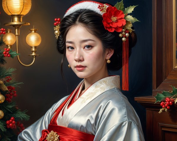 Young Woman in Festive Kimono with Holiday Decor