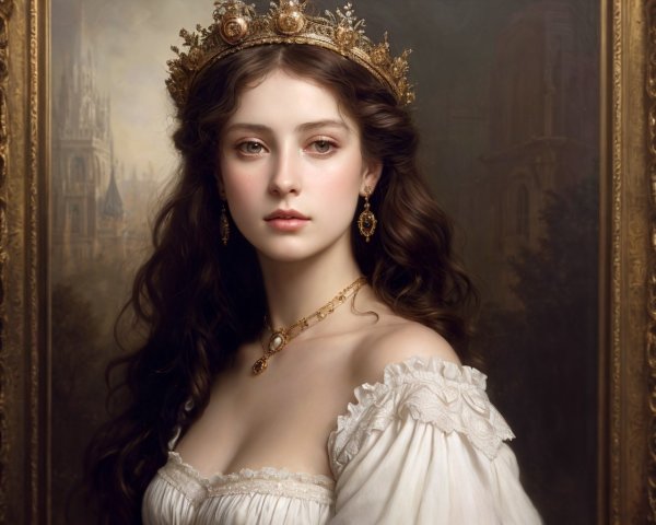 Regal crown portrait of young woman in white dress with cathedral backdrop