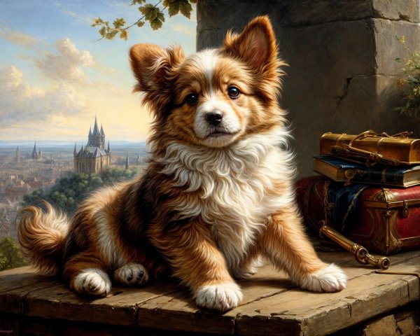 Charming Puppy on Table with Scenic Background Elements