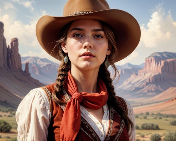 Young Woman in Western Outfit Against Rugged Landscape