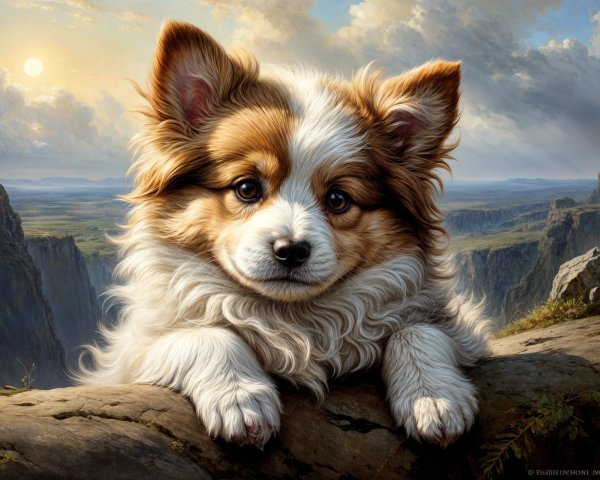 Fluffy Tan and White Dog Resting on Rocky Ledge