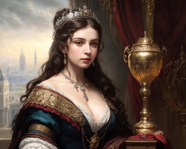 Regal woman in crown poses with trophy in luxurious attire.