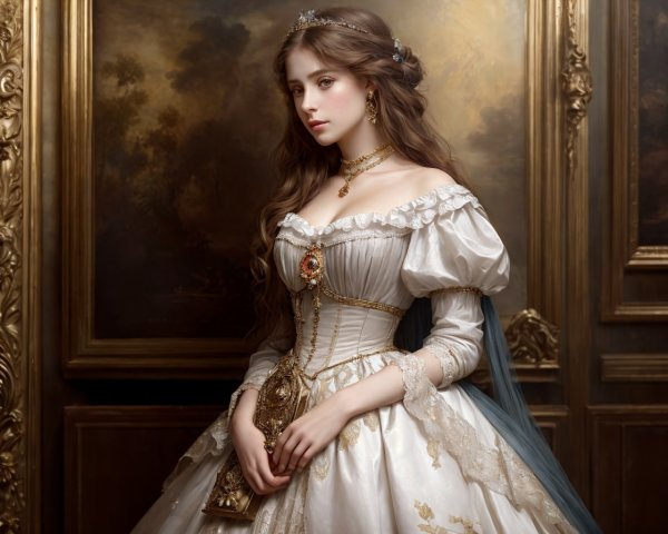 Vintage dress-wearing woman posing by classical painting