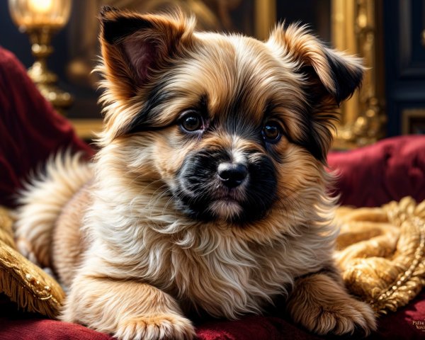 Fluffy Puppy on Elegant Red Velvet Cushion