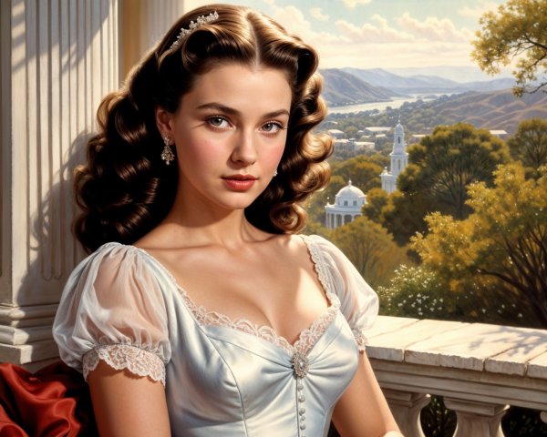 Young woman in blue gown with curls in serene landscape