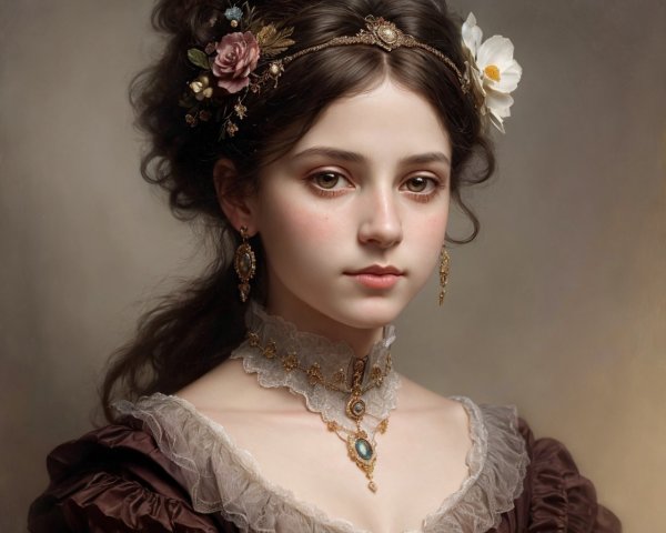 Young woman in elegant gown with floral accessories