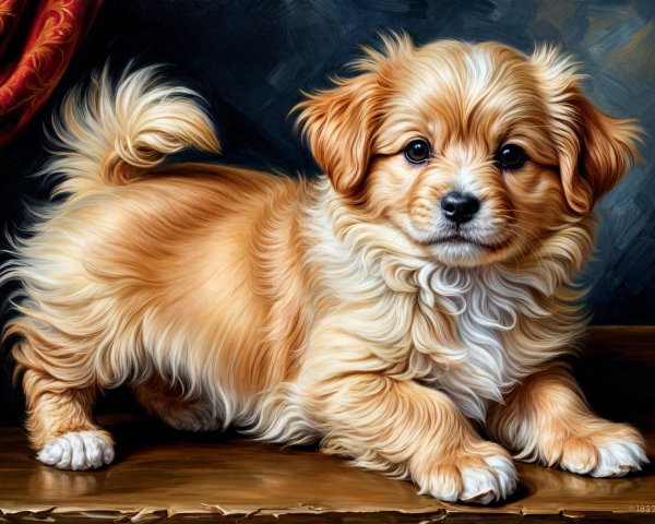 Golden Fluffy Puppy on Wooden Surface in Cozy Setting