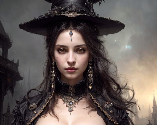 Dark-haired woman in gothic attire with green eyes and ornate jewelry