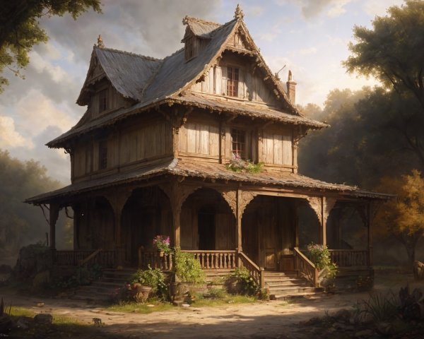 Rustic Two-Story Wooden House Surrounded by Nature