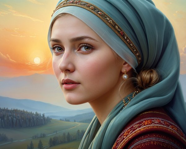 Young woman in headscarf during sunset landscape