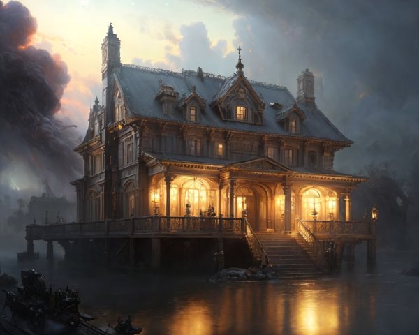 Victorian Mansion on Pier with Fog and Boats Nearby