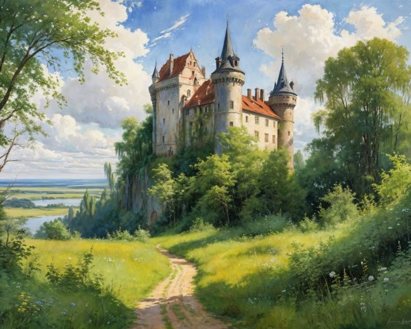 Majestic castle on a hill with vibrant surroundings