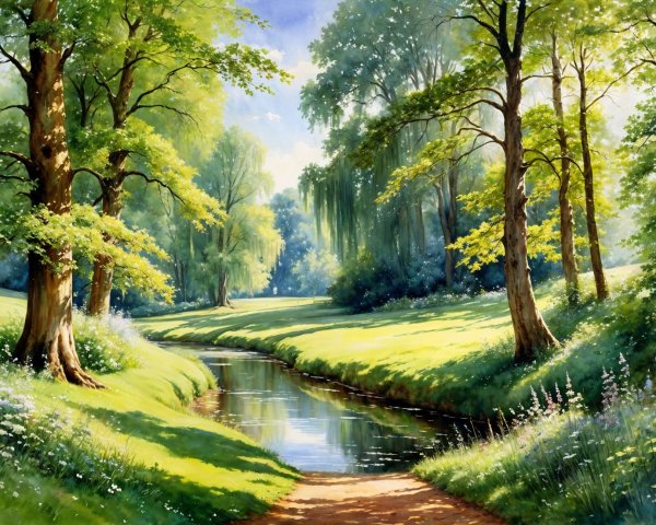 Serene Landscape with Trees and Gentle Stream