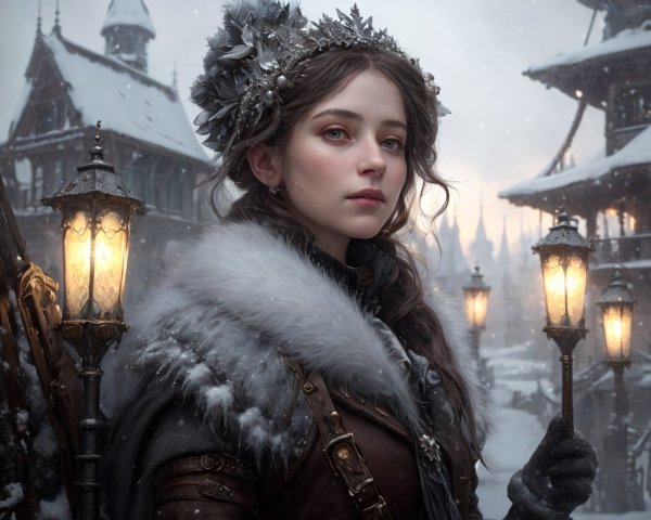 Regal Woman in Crown and Fur Cloak in Winter Scene