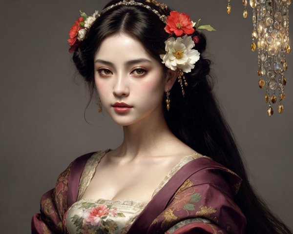 Portrait of a woman in floral dress with headpiece