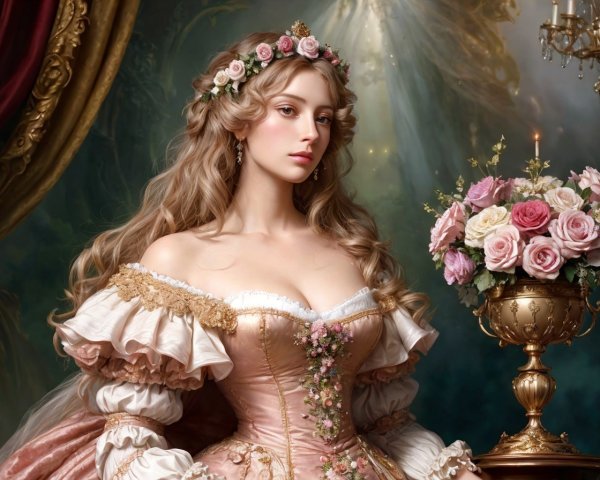 Historical woman in lavish dress with rose embellishments and floral crown.