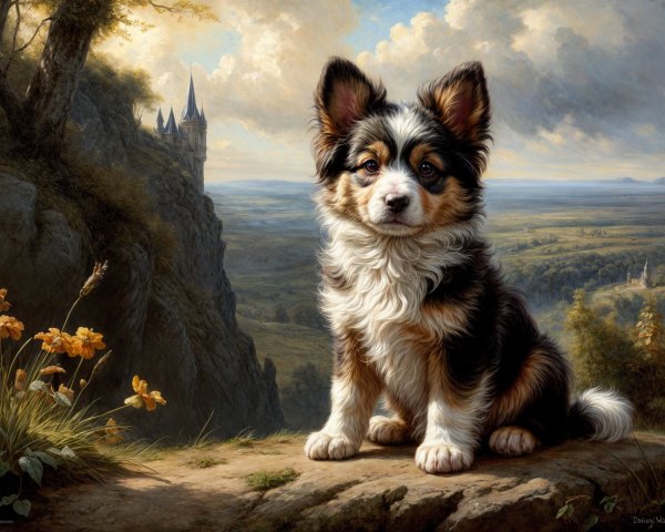 Fluffy Tri-Color Puppy on Rocky Ledge with Castle