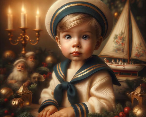 Toddler in Sailor Suit at Festive Table with Candles