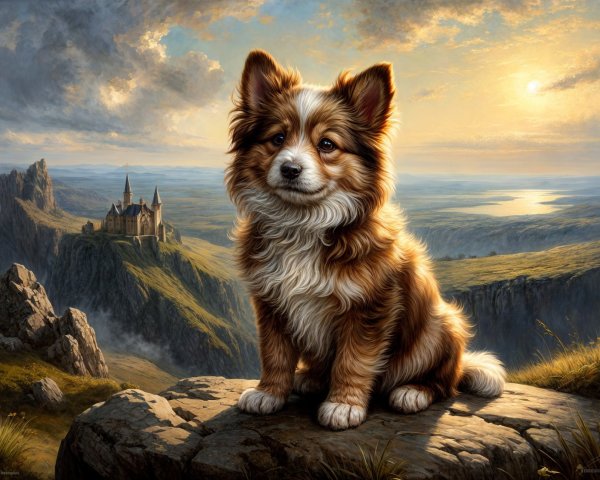 Fluffy Dog on Rocky Ledge with Castle and Sunset View