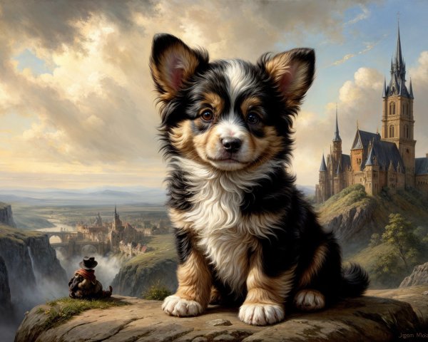 Fluffy Corgi Puppy on Rocky Outcrop with Castle View