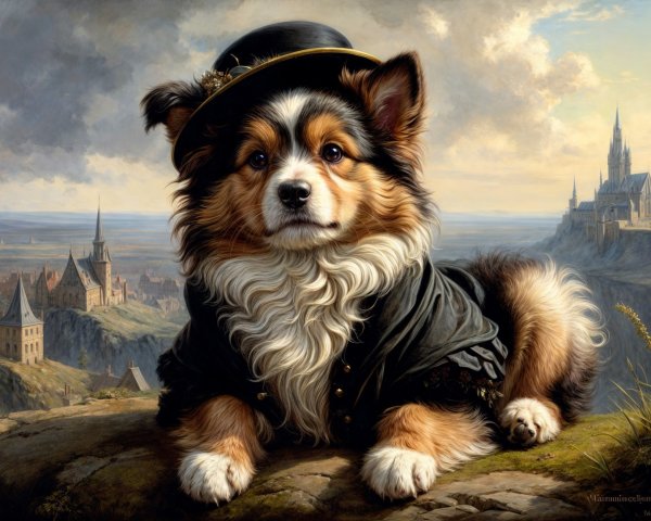 Regal Dog in Elegant Coat on Rocky Outcrop Landscape