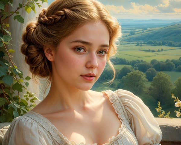 Young Woman in Elegant Dress Against Serene Landscape