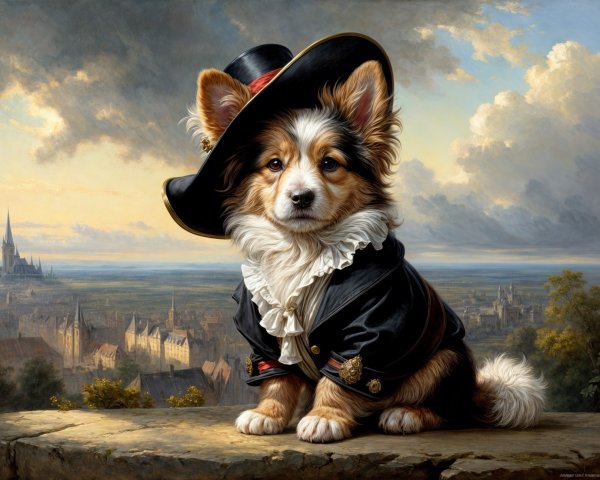 Regal Corgi in Elegant Attire Against Scenic Landscape